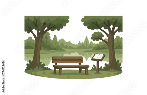 forest reflection station wooden bench and journal stand for mindful breaks during walk flat vector illustration style isolated on white background