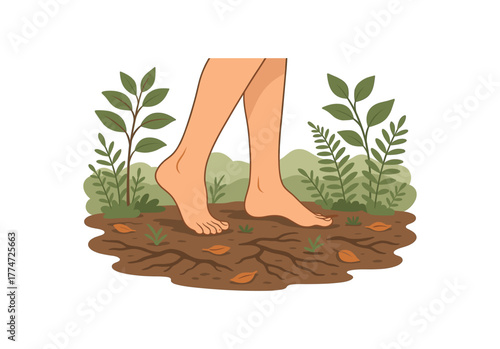 barefoot walk on forest floor grounding and nervous system regulation flat vector illustration style isolated on white background