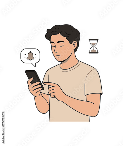 mindful phone use checking notifications consciously and limiting screen time flat vector illustration style isolated on white background