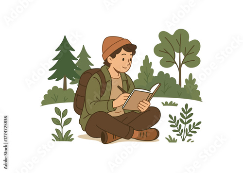 forest journaling session documenting thoughts and insights during nature walk flat vector illustration style isolated on white background