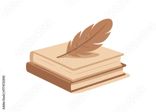 soft feather resting on book simple organic still life no outline flat vector illustration style isolated on white background muted warm tones