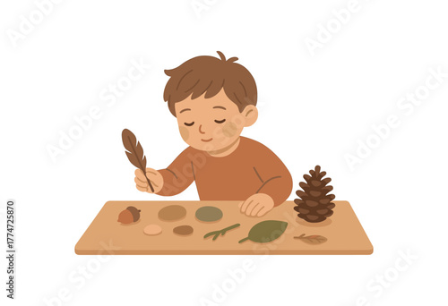 child organizing nature finds on table curiosity and calm no outline flat vector illustration style isolated on white background soft earth palette