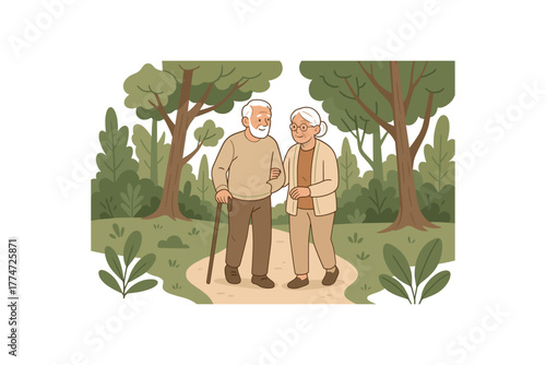 elderly couple forest walking nature based rehabilitation and gentle healing flat vector illustration style isolated on white background