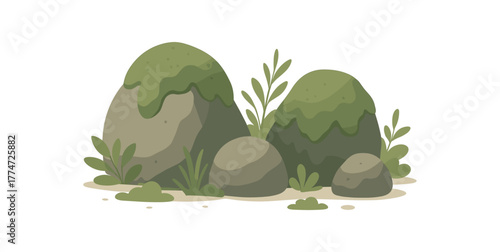 forest stones and moss gentle nature calm composition no outline flat vector illustration style isolated on white background muted natural colors