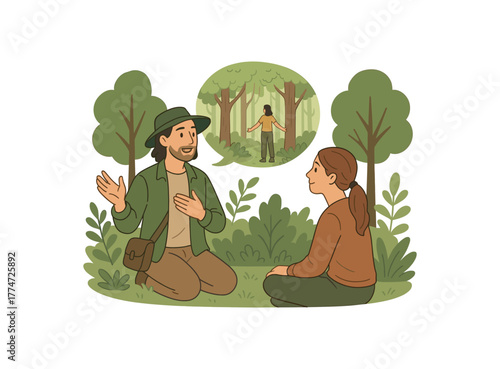 nature therapist explaining benefits of forest immersion during guided session flat vector illustration style isolated on white background