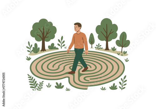 forest labyrinth walking meditation calming mind and connecting with surroundings flat vector illustration style isolated on white background