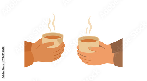 two cups of tea shared silence mindful connection no outline flat vector illustration style isolated on white background warm muted colors