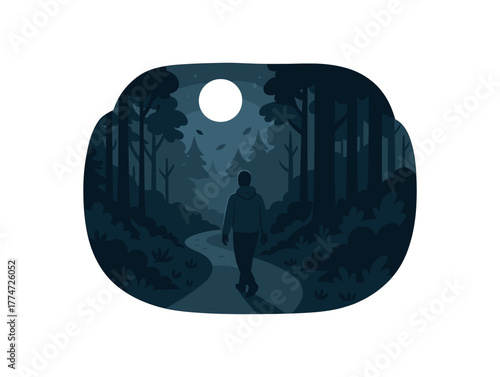 forest immersion night walk guided by moonlight and natural sounds for deep relaxation flat vector illustration style isolated on white background
