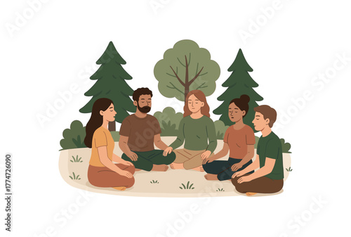 forest breathing circle group synchronizing breath and grounding energy together flat vector illustration style isolated on white background