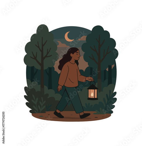 forest lantern walk dusk meditation reconnecting with natural cycles and rhythms flat vector illustration style isolated on white background