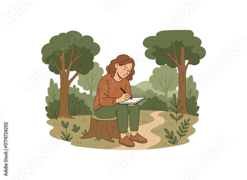 forest poem writing workshop using nature as inspiration for emotional expression flat vector illustration style isolated on white background