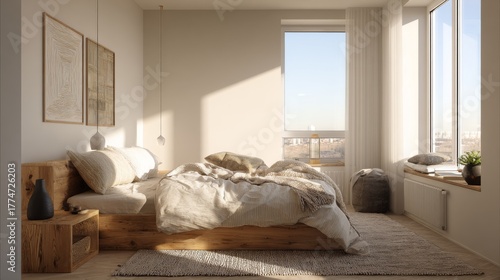 Cozy minimalist bedroom interior design with natural light, wooden furniture, soft bedding, and inviting decor for a tranquil atmosphere