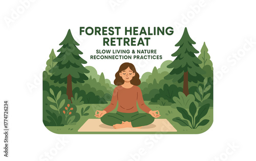 forest healing retreat poster promoting slow living and nature reconnection practices flat vector illustration style isolated on white background