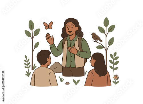 forest therapy coach teaching micromoments of awareness everyday nature encounters flat vector illustration style isolated on white background