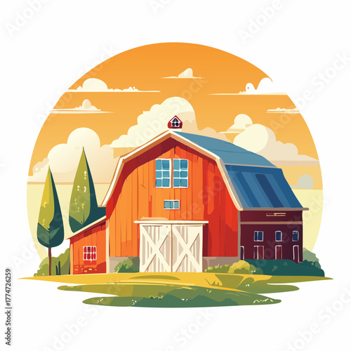 Vibrant illustration of a rustic farm barn with scenic landscape in bright sunlight