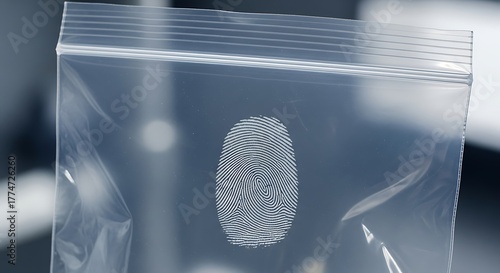 Forensic science concept with a human fingerprint collected as evidence and sealed in a clear plastic bag for a criminal investigation
