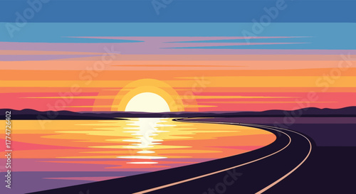 Pixel art sunset over a calm lake with a winding road leading towards the horizon