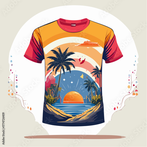 Vibrant t shirt design featuring tropical sunset and palm trees illustration