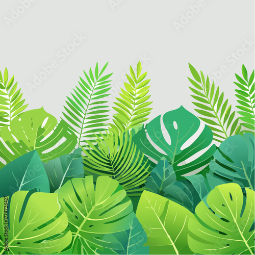 Vibrant tropical foliage illustration lush green leaves against a gray background