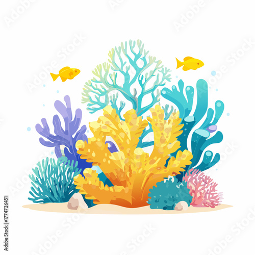 Vibrant underwater coral reef illustration with fish and sand elements