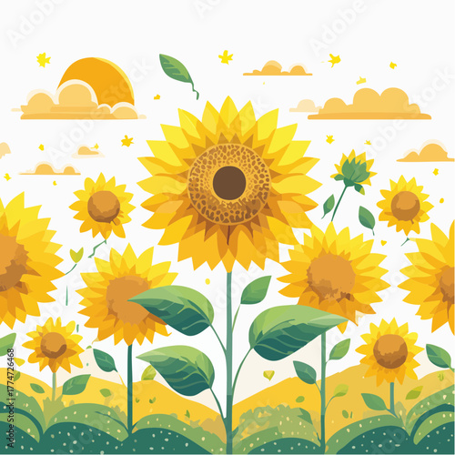 Vibrant watercolor illustration of blooming sunflowers with sunshine and clouds