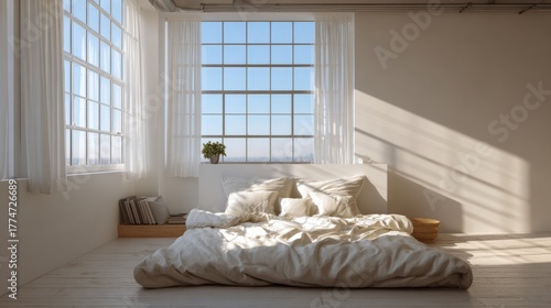 Bright and Airy Bedroom with Large Windows, Soft Bedding and Minimalistic Design, Ideal for Relaxation and Restful Atmosphere in Modern Living Spaces