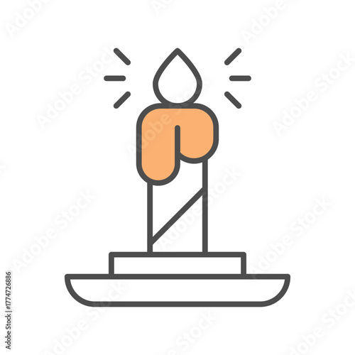 An illustrated candle orange wax lit flame gray base on white background