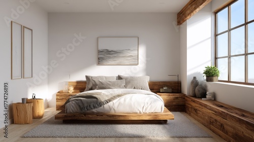Modern minimalist bedroom with wooden furniture, cozy bedding, large window and soft natural light illuminating the serene interior design