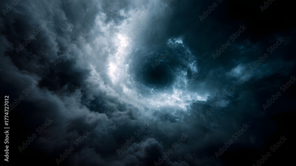 Fototapeta premium A dramatic dark swirling vortex of clouds with ethereal light evoking a powerful storm or cosmic abyss