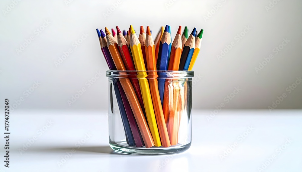 Obraz premium Colorful Pencils in a Glass Jar on a White Table with a Neutral Background
