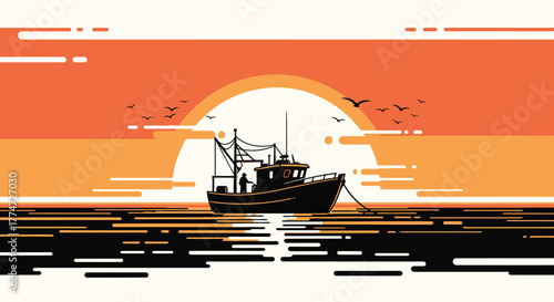 Silhouette of a fishing boat sailing on the ocean during a vibrant sunset with birds flying