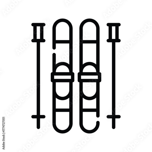 Black line art depicts two skis with bindings and two ski poles