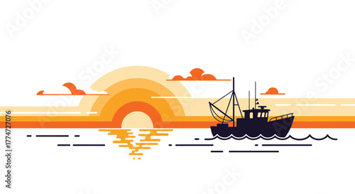 Silhouette of a fishing boat sailing on the ocean at sunset with vibrant orange clouds and reflections