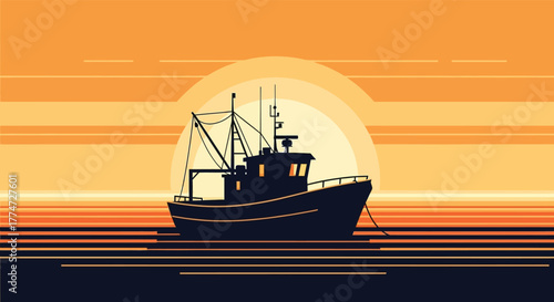 Silhouette of a fishing trawler boat sailing on the ocean during a vibrant sunset with layered orange and yellow sky