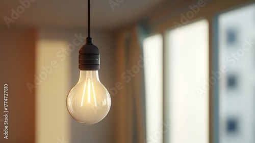 Hanging Light Bulb in a Cozy Interior with Soft Natural Light from a Window, Creating an Inviting Atmosphere for Home Decor Inspiration