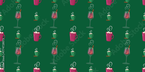 Christmas beverages pattern. Seamless flat illustration of mulled wine and hot chocolate cups on green background. Winter vector art for banners, cards, menu