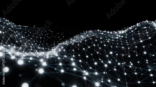 Digital network of bright white glowing spheres connected by thin lines forms a futuristic, undulating landscape