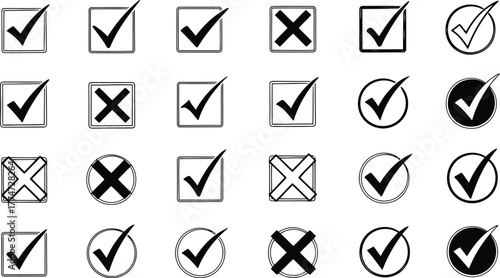 Hand drawn checkmark x icons approval rejection choice