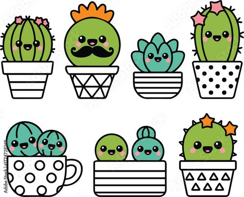 Cute Cartoon Cactus and Succulent Plants Illustration on White Background