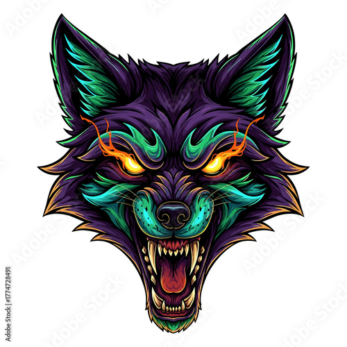 A vibrant illustration of a snarling wolf's head with glowing eyes, showing aggression.