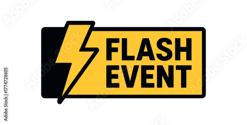 Flat vector banner design icon of lightning bolt near bold text EVENT and black wide rectangle