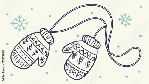 Winter mittens with traditional patterns connected by string, outlined drawing with snowflakes in background