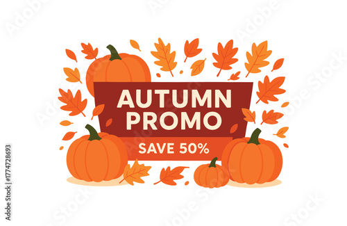 Flat vector banner design pumpkins and falling leaves around text AUTUMN PROMO subtext SAVE 50% orange and dark red layout