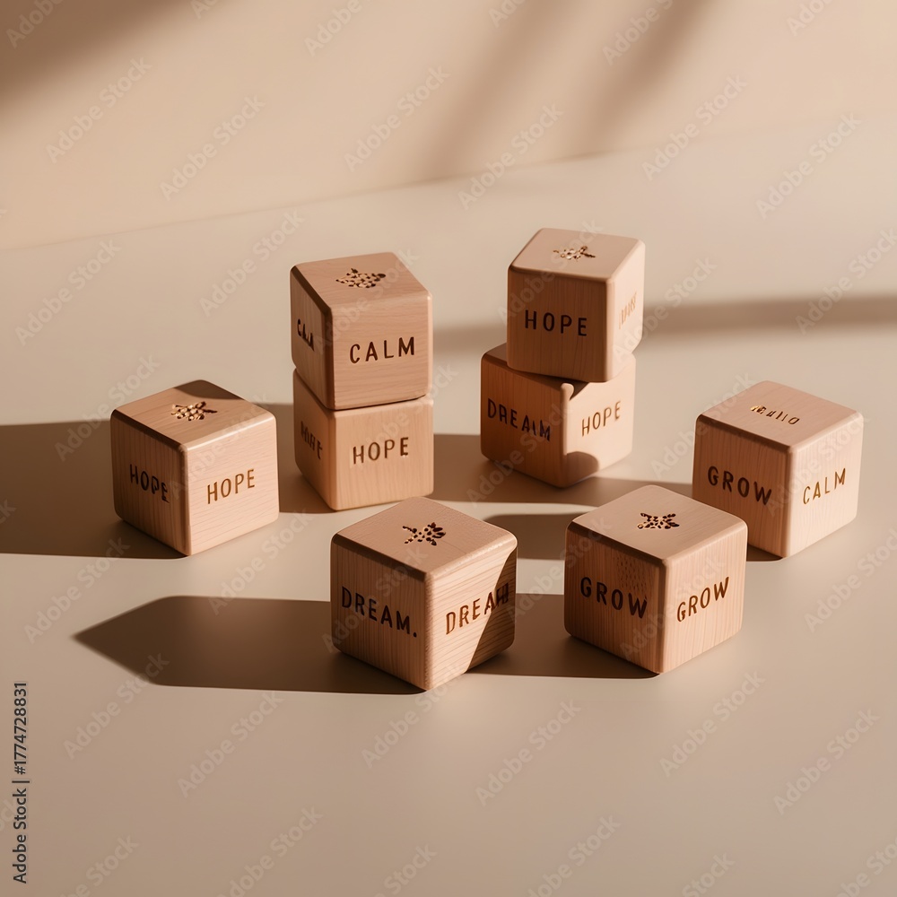 Fototapeta premium Wooden cubes scattered on smooth beige tone showing calm and brave engraved typography 