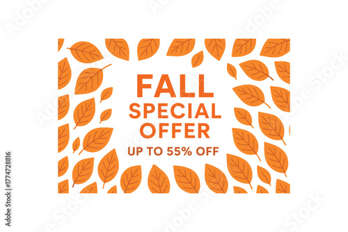 Flat vector banner design orange leaves pattern text FALL SPECIAL OFFER subtext UP TO 55% OFF warm tone design
