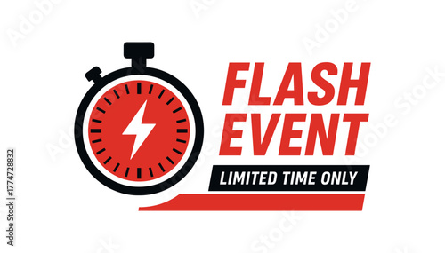 Flat vector banner design stopwatch with radial marks text EVENT subtext LIMITED TIME ONLY red and black strong layout