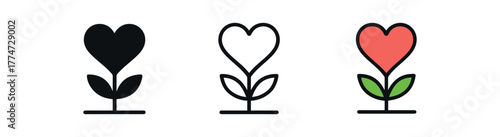 emotional growth plant heart icon on white background Black silhouette flat icon outline icon and colored icon style three minimal vector icon style