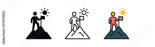 building confidence mountain icon on white background Black silhouette flat icon outline icon and colored icon style three minimal vector icon style