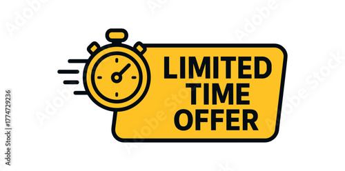 Flat vector banner design icon of stopwatch with motion lines beside text LIMITED TIME OFFER and black modern layout