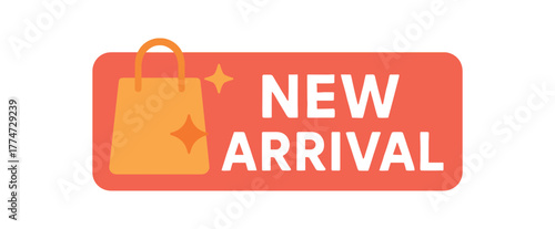 Flat vector banner design icon of shopping bag with sparkles near text NEW ARRIVAL coral and white clean bar